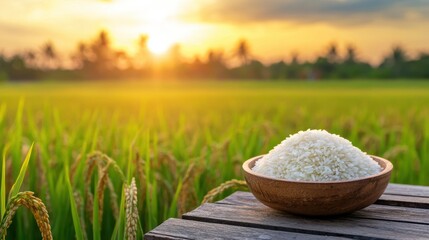 Bowl of White Rice in Green Rice Field at Sunset A wooden bowl filled with white rice sits on a table in a green rice field, with a beautiful sunset in the background