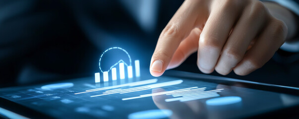 A close-up of a businessperson interacting with a digital tablet displaying financial data and graphs for analytics.