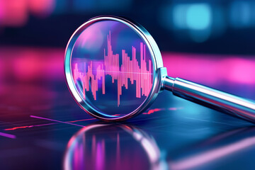 A close-up view of a magnifying glass revealing sound waves on a digital screen, symbolizing audio analysis and technology.