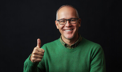 Naklejka premium Cheerful adult male in a green sweater and glasses with a thumbs-up gesture and a broad smile, set against a black background. Portrait capturing confidence and satisfaction.