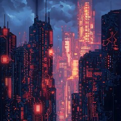Fototapeta premium Neon-Soaked Metropolis with Intricate Circuit Board Designs Towering Over a Hyper-Technological Landscape
