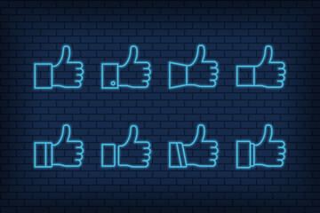 Thumbs up line icons, neon light style, vector eps10 illustration