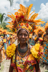 Elderly Woman in Vibrant Traditional Headdress and Dress at Cultural Festival