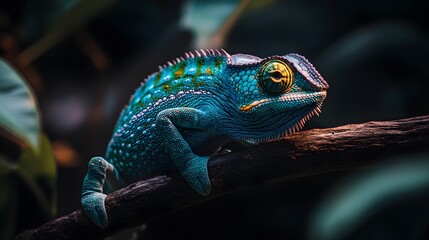 Bright Blue and Green Chameleon Up Close in Its Natural Home.