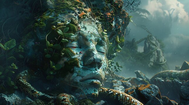 Surreal creature with a human face and snake-like body in a mystical landscape