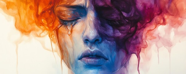 Fototapeta premium Capture a close-up shot of a single tear rolling down a womans cheek, expressing pain and ache Utilize a realistic oil painting technique to depict the persistence of emotion