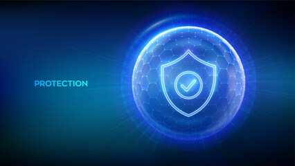 Protection. Healthcare. Insurance. Cyber security. Network safety. Protection shield with Check mark icon inside transparent sphere shield with hexagon pattern on blue background. Vector illustration.