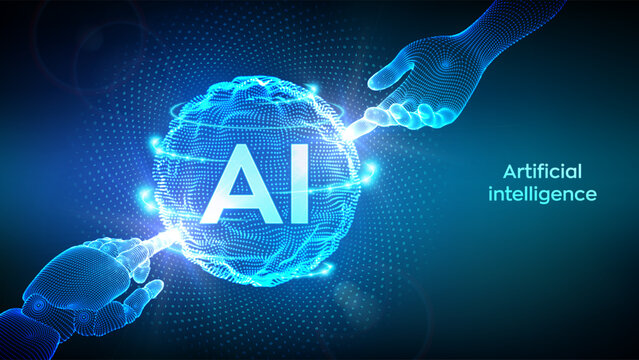 AI. Artificial Intelligence. Hands of Robot and Human touching sphere grid wave with binary code. Artificial Intelligence and Machine Learning technology concept. Neural networks. Vector illustration.