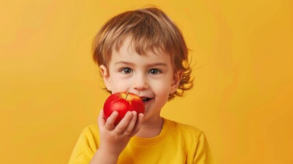 A Cute Little Boy Eating a Red Apple