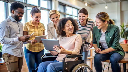 Woman in wheelchair looking at tablet, Happy business teamwork