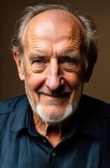 Obraz premium Serious older man in casual with beard head shot portrait. Grey haired retiree, pensioner posing wall background. Close up male portrait, elderly age concept