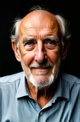 Obraz premium Serious older man in casual with beard head shot portrait. Grey haired retiree, pensioner posing wall background. Close up male portrait, elderly age concept