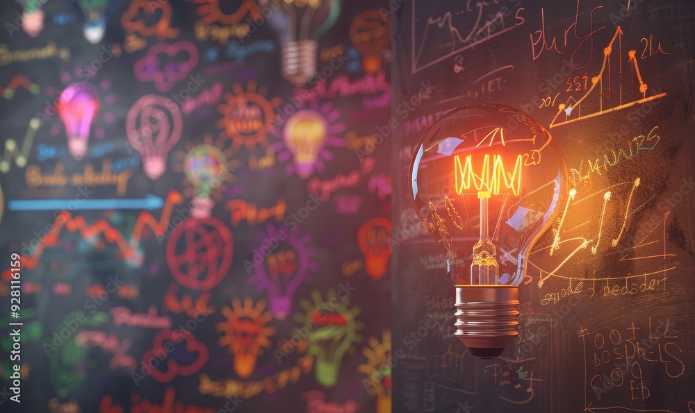 Poster A Bright Light Bulb Against a Chalkboard Background with Scribbles and Graphs