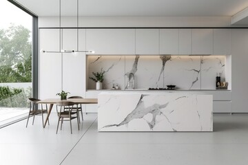 Sleek Minimalist Kitchen - White Marble Stone Island, Dining Table, and Chairs in Modern Interior Design Setting.