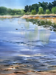 Morning walk by the lake watercolor background