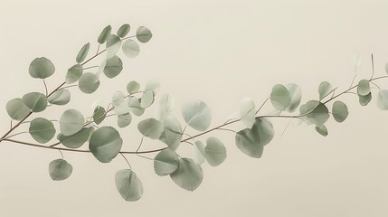 Obraz premium A simple, abstract depiction of a eucalyptus branch with round, flat leaves in muted green tones, floating on a soft beige background. 8k UHD, suitable for high-quality printing or digital display. 