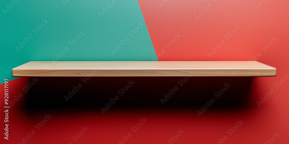 Aufkleber Empty wooden shelf floating on a colorful split wall background