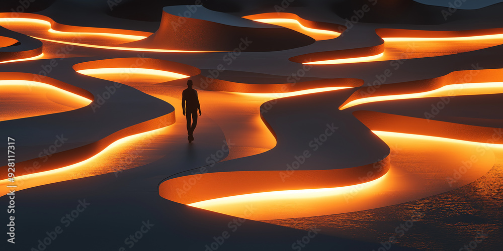 Poster businessman walking on a path of light in a dark maze