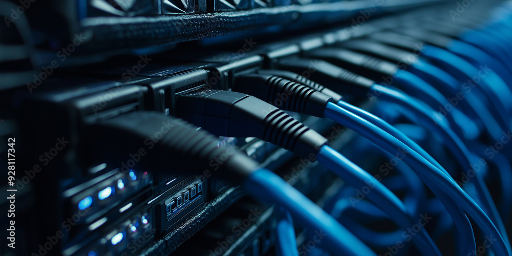Aufkleber network server with blue cables is transmitting data