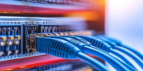 Blue ethernet cables plugged into a network switch in a data center