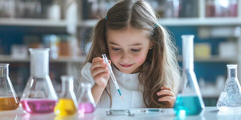 Little scientist girl doing chemical experiment using pipette dropping liquid in flask