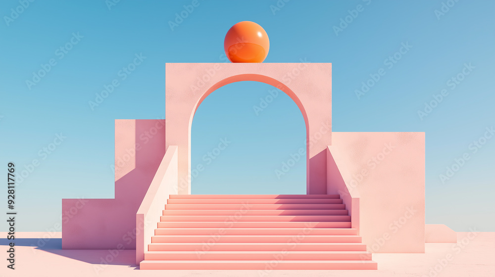 Poster pink minimalist architectural stairway leading to a round archway with a sphere on top