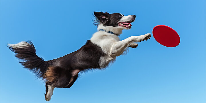 Border collie dog jumping and catching red disc on blue sky