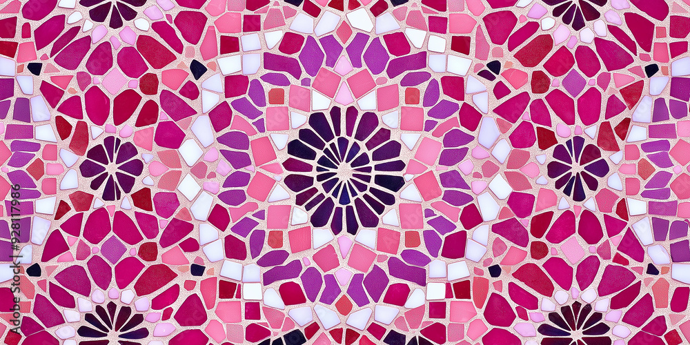 Poster pink and purple mosaic pattern creating circular shapes and floral motifs