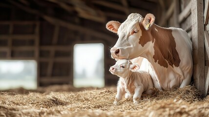 A content cow nuzzling its calf in a well-maintained barn after milking, with straw bedding and plenty of space, photo-realistic, emphasizing family bonds and welfare