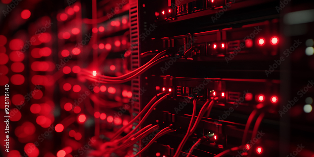 Poster network server room blinking red lights with cables connected