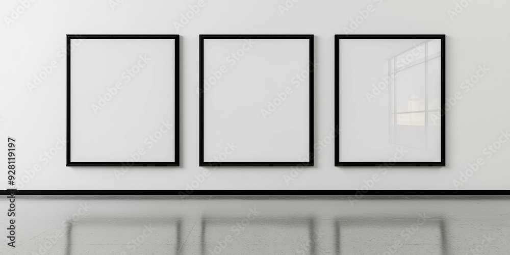 Poster three empty black frames are hanging on a white wall in a modern room