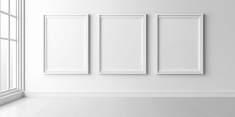 Empty white room with three frames hanging on a white wall and sunlight coming through the window