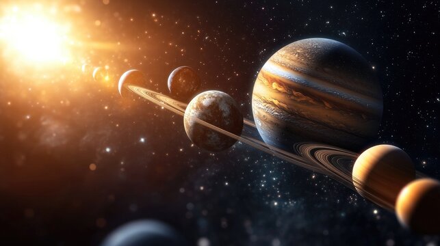 Planetary alignment in space with several planets lined up in a row