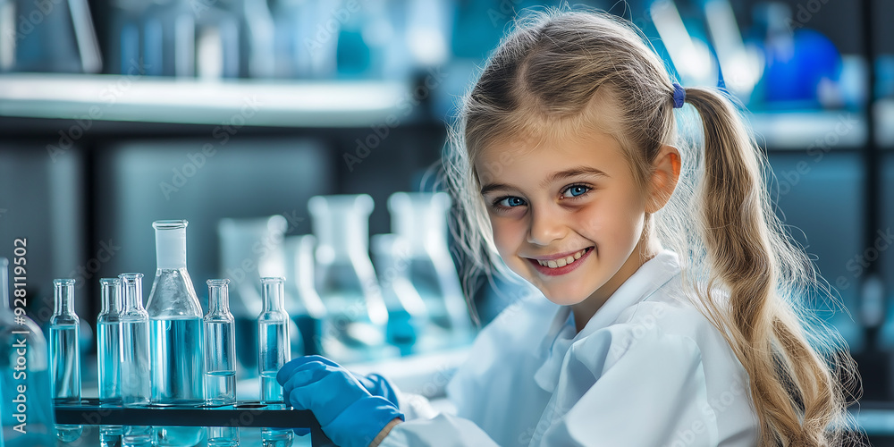 Poster scientist girl smiling and working in a modern laboratory