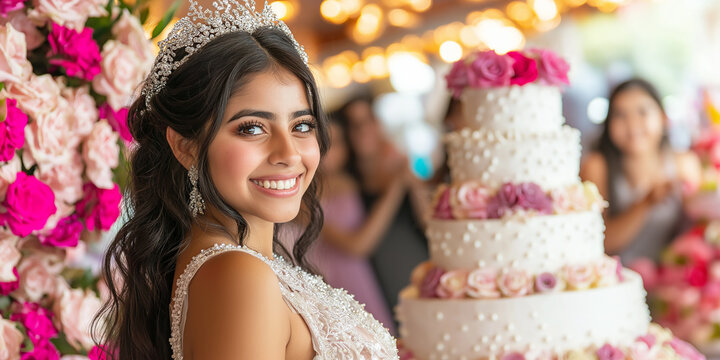 Beautiful latin girl smiling and posing at her quinceanera party with birthday cake