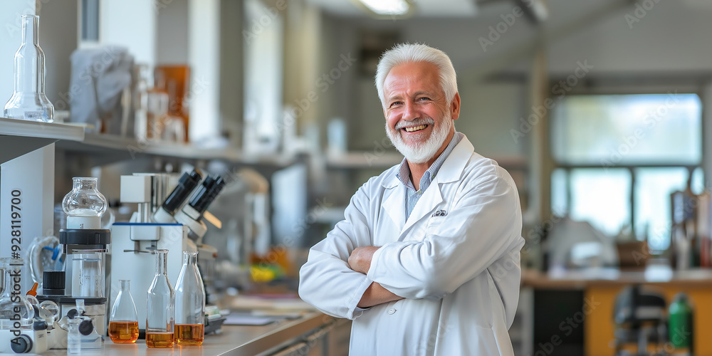 Aufkleber senior scientist smiling with crossed arms in the laboratory