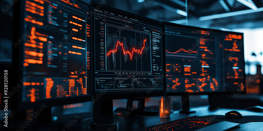 Poster Stock market data displaying on multiple computer screens in office at night