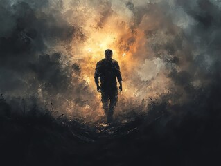 Obraz premium Design a digital illustration portraying a wounded warrior standing tall amidst a battlefield, grimacing in acute pain Symbolize the hurt with dynamic lighting and intense shadows