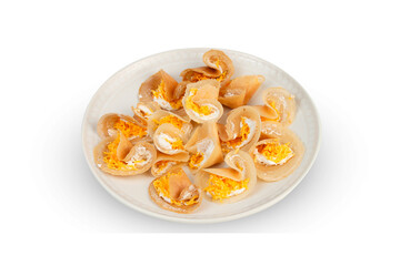 Thai crispy pancakes filled with cream clipping path on white isolated background