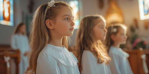 Obraz premium Young girls wearing white dresses praying in church during first communion ceremony