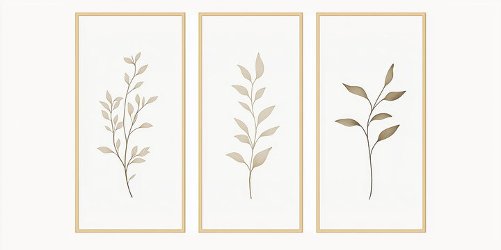 Minimal botanical composition featuring three golden frames and delicate brown leaves on white background
