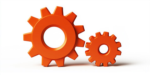 Two orange gears interlocking representing teamwork on white background