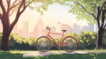Orange bicycle leaning against path in lush green city park at sunset