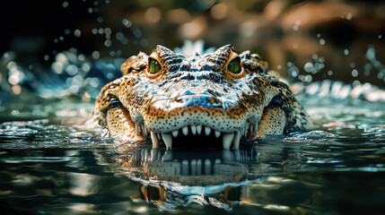 Obraz premium Close-up of a Crocodile With Open Mouth on Water Surface in Natural Habitat