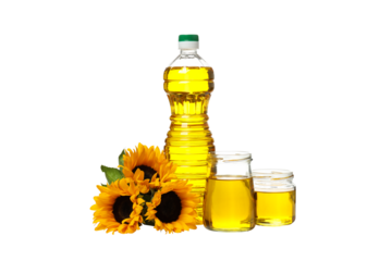 PNG, Sunflowers, oil in plastic bottle and glass jars, isolated on white background