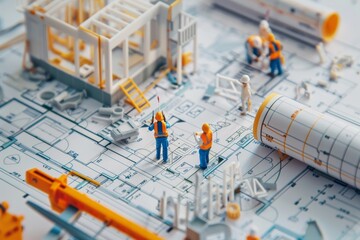 Miniature Construction Workers on Architectural Plans