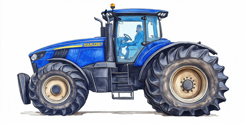 Obraz premium Watercolor painting of a farmer driving a blue tractor