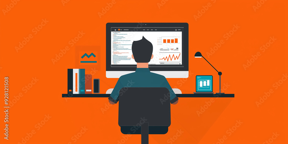 Poster Programmer working at desk on computer with code and analytics on screen