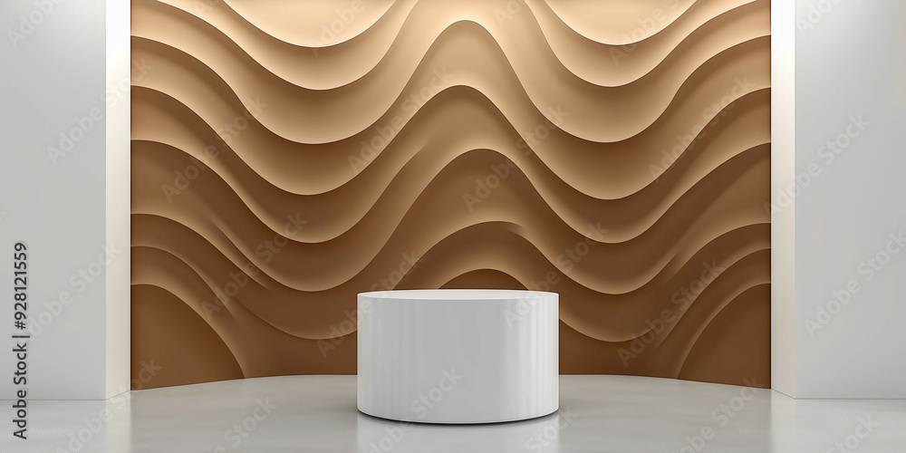 Poster white round podium standing in front of modern wavy wall in empty room