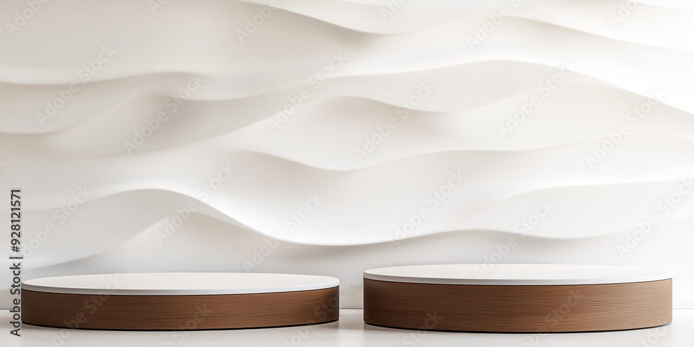 Poster two empty podiums with wooden pattern for product presentation